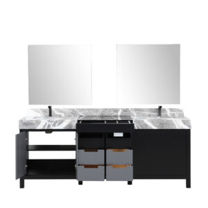 Zilara 84W x 22D Black and Grey Double Bath Vanity, Castle Grey Marble Top, Gun Metal Faucet Set and 34Mirrors