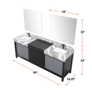 Zilara 84W x 22D Black and Grey Double Bath Vanity, Castle Grey Marble Top, Gun Metal Faucet Set and 34Mirrors