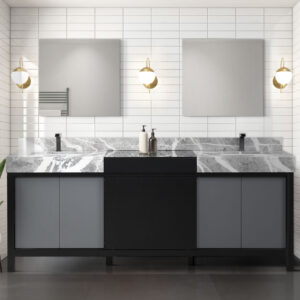 Zilara 84W x 22D Black and Grey Double Bath Vanity, Castle Grey Marble Top and Gun Metal Faucet Set