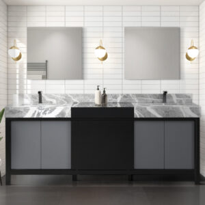 Zilara 84W x 22D Black and Grey Double Bath Vanity, Castle Grey Marble Top and Gun Metal Faucet Set