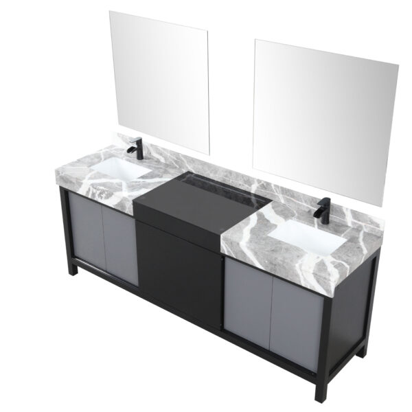 Zilara 84W x 22D Black and Grey Double Bath Vanity, Castle Grey Marble Top, Matte Black Faucet Set and 34Mirrors