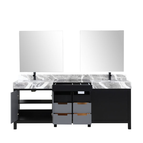 Zilara 84W x 22D Black and Grey Double Bath Vanity, Castle Grey Marble Top, Matte Black Faucet Set and 34Mirrors