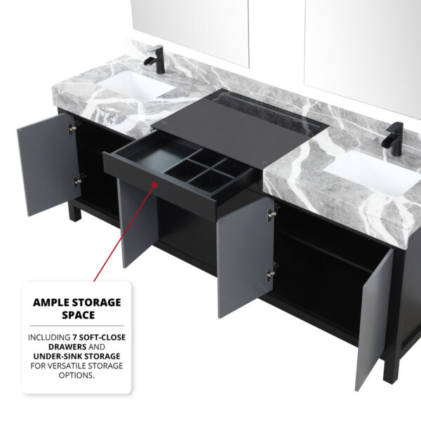 Zilara 84W x 22D Black and Grey Double Bath Vanity, Castle Grey Marble Top and Matte Black Faucet Set