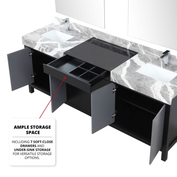 Zilara 84W x 22D Black and Grey Double Bath Vanity, Castle Grey Marble Top and Chrome Faucet Set