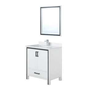 Ziva 30W x 22D White Bath Vanity, White Quartz Top, Faucet Set and 28Mirror