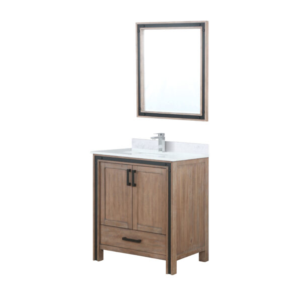 Ziva 30W x 22D Rustic Barnwood Bath Vanity, White Quartz Top, Faucet Set and 28Mirror