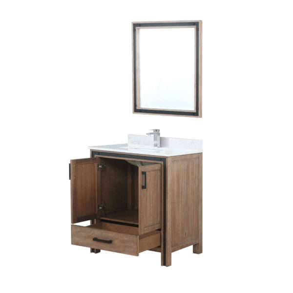 Ziva 30W x 22D Rustic Barnwood Bath Vanity, White Quartz Top, Faucet Set and 28Mirror