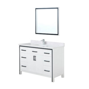 Ziva 48W x 22D White Bath Vanity, White Quartz Top, Faucet Set and 34Mirror