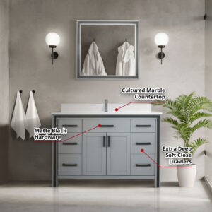 Ziva 48W x 22D Dark Grey Bath Vanity and 34Mirror