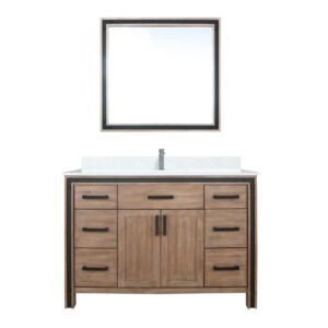 Ziva 48W x 22D Rustic Barnwood Bath Vanity, Cultured Marble Top, Faucet Set and 34Mirror