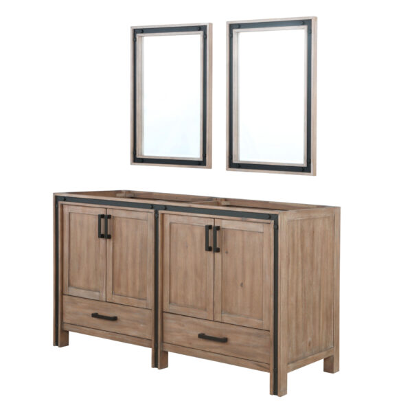 Ziva 60W x 22D Rustic Barnwood Double Bath Vanity, White Quartz Top, Faucet Set and 22Mirrors