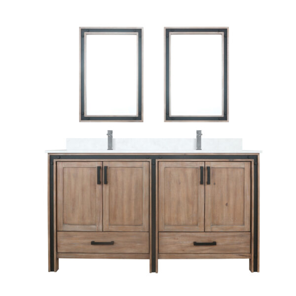 Ziva 60W x 22D Rustic Barnwood Double Bath Vanity, Cultured Marble Top, Faucet Set and 22Mirrors