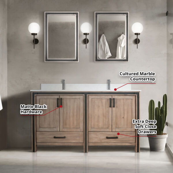 Ziva 60W x 22D Rustic Barnwood Double Bath Vanity and 22Mirrors