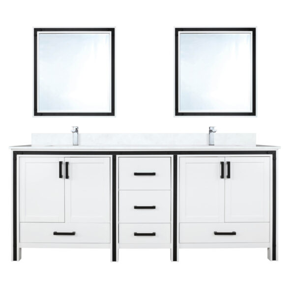 Ziva 72W x 22D White Double Bath Vanity, Cultured Marble Top, Faucet Set and 30Mirrors