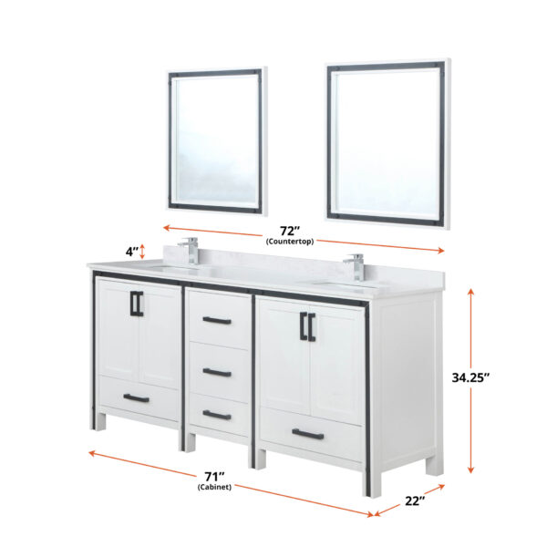 Ziva 72W x 22D White Double Bath Vanity and 30Mirrors