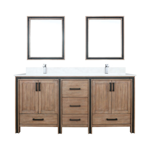 Ziva 72W x 22D Rustic Barnwood Double Bath Vanity, Cultured Marble Top, Faucet Set and 30Mirrors