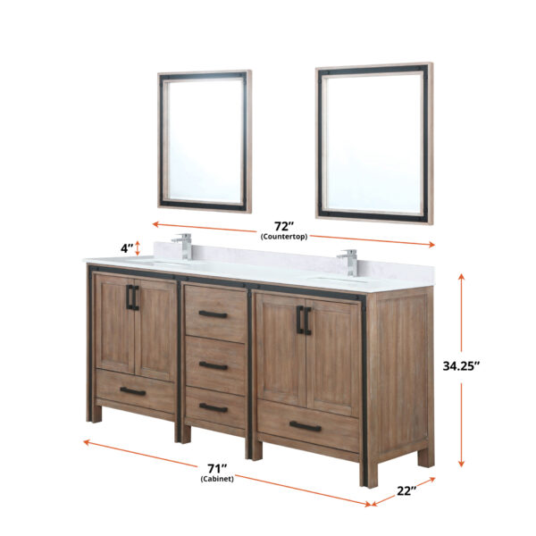 Ziva 72W x 22D Rustic Barnwood Double Bath Vanity and White Quartz Top