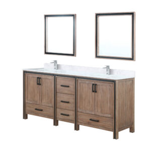 Ziva 80W x 22D Rustic Barnwood Double Bath Vanity, White Quartz Top, Faucet Set and 30Mirrors