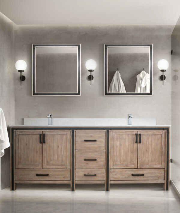 Ziva 84W x 22D Rustic Barnwood Double Bath Vanity, Cultured Marble Top and 34Mirrors