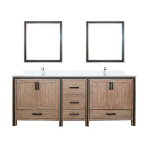 Ziva 84W x 22D Rustic Barnwood Double Bath Vanity, Cultured Marble Top, Faucet Set and 34Mirrors