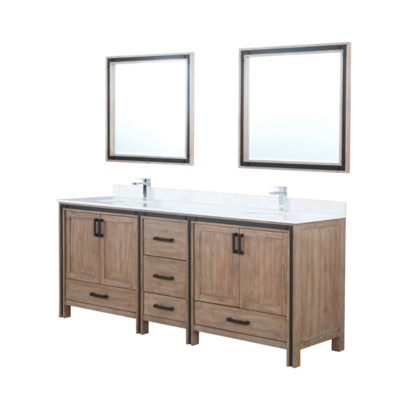 Ziva 84W x 22D Rustic Barnwood Double Bath Vanity, Cultured Marble Top, Faucet Set and 34Mirrors