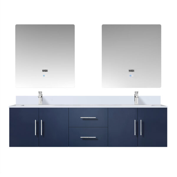 Geneva 72 in. W x 22 in. D Navy Blue Double Bath Vanity, Cultured Marble Top, Faucet Set, and 30 in. LED Mirrors