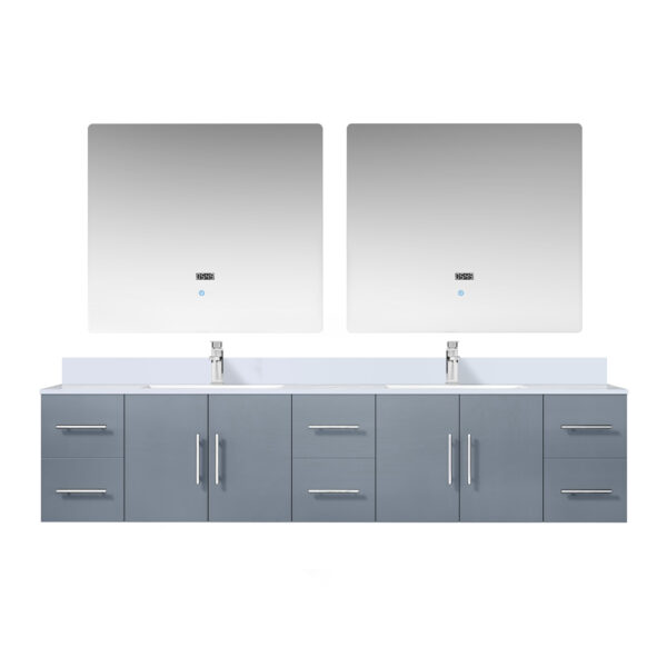 Geneva 84 in. W x 22 in. D Dark Grey Double Bath Vanity, Cultured Marble Top, Faucet Set, and 36 in. LED Mirrors