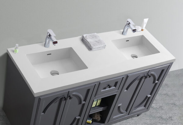 Laviva Odyssey 60" Maple Grey Double Sink Bathroom Vanity with Matte White VIVA Stone Solid Surface Countertop