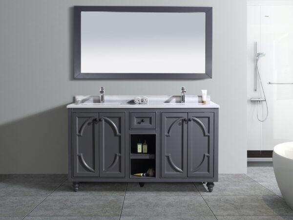 Laviva Odyssey 60" Maple Grey Double Sink Bathroom Vanity with White Stripes Marble Countertop