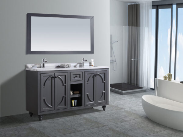 Laviva Odyssey 60" Maple Grey Double Sink Bathroom Vanity with White Stripes Marble Countertop