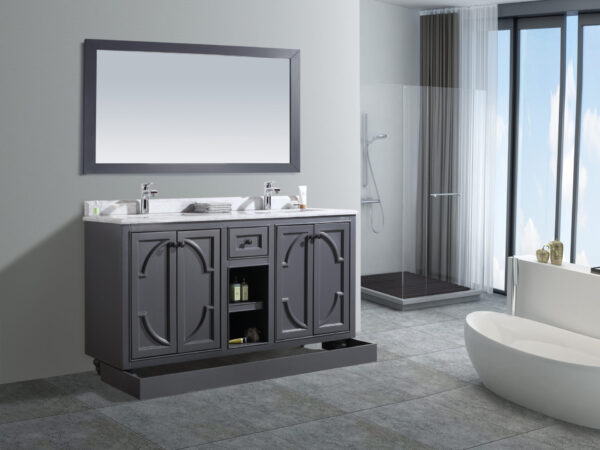 Laviva Odyssey 60" Maple Grey Double Sink Bathroom Vanity with White Stripes Marble Countertop