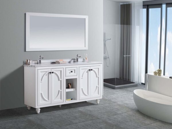 Laviva Odyssey 60" White Double Sink Bathroom Vanity with White Stripes Marble Countertop