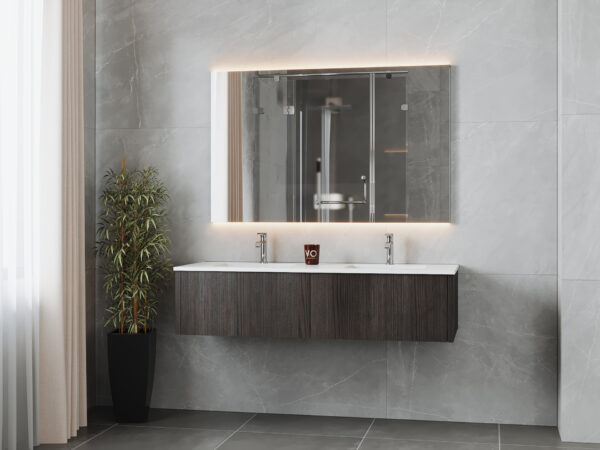 Laviva Legno 60" Carbon Oak Double Sink Bathroom Vanity with Matte White VIVA Stone Solid Surface Countertop