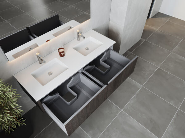 Laviva Legno 60" Carbon Oak Double Sink Bathroom Vanity with Matte White VIVA Stone Solid Surface Countertop