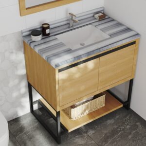 Laviva Alto 36" California White Oak Bathroom Vanity with White Stripes Marble Countertop