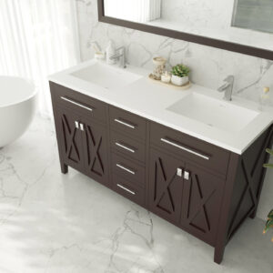 Laviva Wimbledon 60" Brown Double Sink Bathroom Vanity with Matte White VIVA Stone Solid Surface Countertop