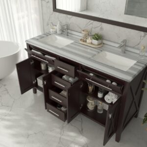 Laviva Wimbledon 60" Brown Double Sink Bathroom Vanity with White Stripes Marble Countertop