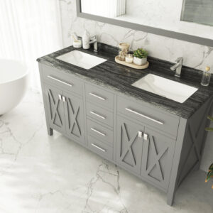 Laviva Wimbledon 60" Grey Double Sink Bathroom Vanity with Black Wood Marble Countertop