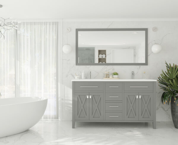 Laviva Wimbledon 60" Grey Double Sink Bathroom Vanity with Matte White VIVA Stone Solid Surface Countertop