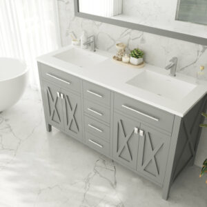 Laviva Wimbledon 60" Grey Double Sink Bathroom Vanity with Matte White VIVA Stone Solid Surface Countertop