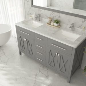 Laviva Wimbledon 60" Grey Double Sink Bathroom Vanity with White Carrara Marble Countertop