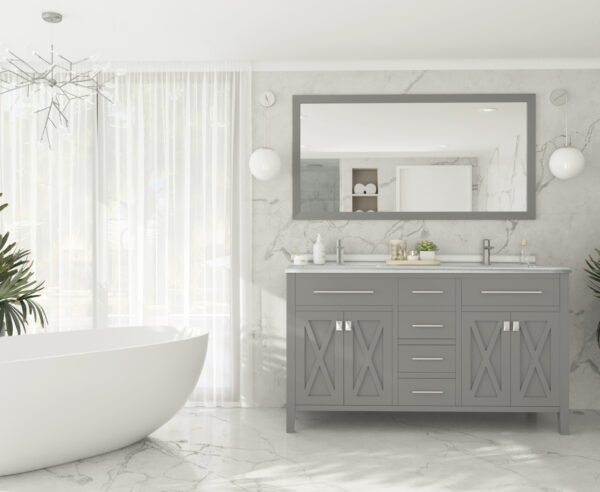 Laviva Wimbledon 60" Grey Double Sink Bathroom Vanity with White Stripes Marble Countertop