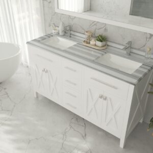 Laviva Wimbledon 60" White Double Sink Bathroom Vanity with White Stripes Marble Countertop