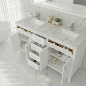 Laviva Wimbledon 60" White Double Sink Bathroom Vanity with White Stripes Marble Countertop