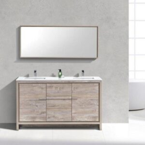 Kubebath AD660DNW Dolce 60 Inch Double Sink Nature Wood Modern Bathroom Vanity with White Quartz Countertop