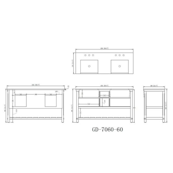 Chans Furniture GD-7060-WT60-GT 60 Inches Kendia Farmhouse Double Sink Bathroom Vanity