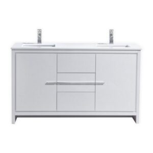 Kubebath AD660DGW Dolce 60 Inch Double Sink High Gloss White Modern Bathroom Vanity with White Quartz Counter-Top