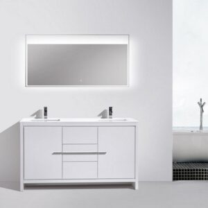 Kubebath AD660DGW Dolce 60 Inch Double Sink High Gloss White Modern Bathroom Vanity with White Quartz Counter-Top