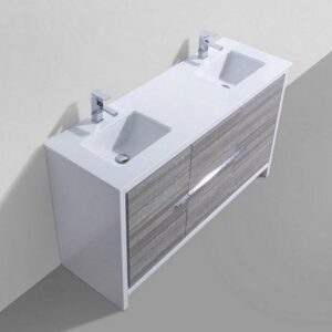 Kubebath AD660DHG Dolce 60 Inch Double Sink Ash Gray Modern Bathroom Vanity with White Quartz Counter-Top