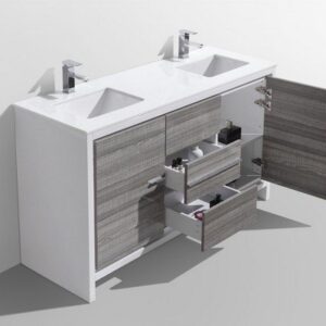 Kubebath AD660DHG Dolce 60 Inch Double Sink Ash Gray Modern Bathroom Vanity with White Quartz Counter-Top